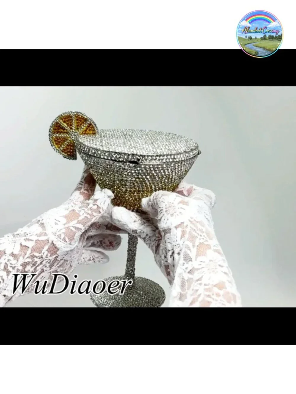 Rhinestone Cocktail Glass Clutch with Detachable Chain Evening Bag